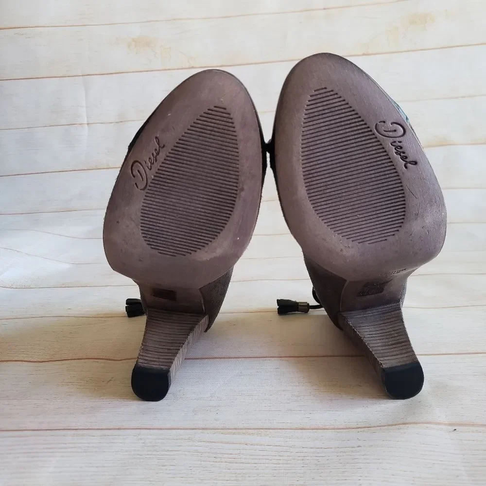 Diesel Leather Suede Round Toe Studded Tassel Heel Pumps Shoes Brown Size 39